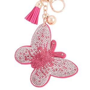 NWT Bling Rhinestone Beautiful Pink and White Butterfly Keychain / Purse Charm!